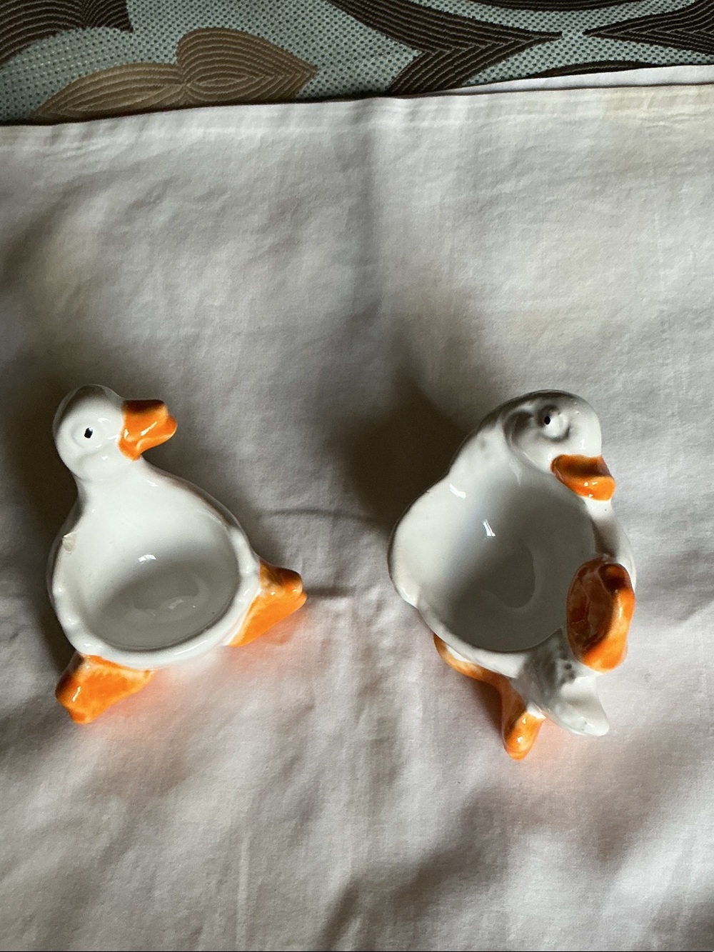 White and Orange Ceramic Duck Egg Holder Set
